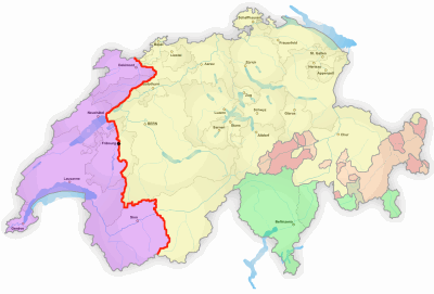 Schweiz mit der rot markierten deutsch-französischen Sprachgrenze (Röstigraben)